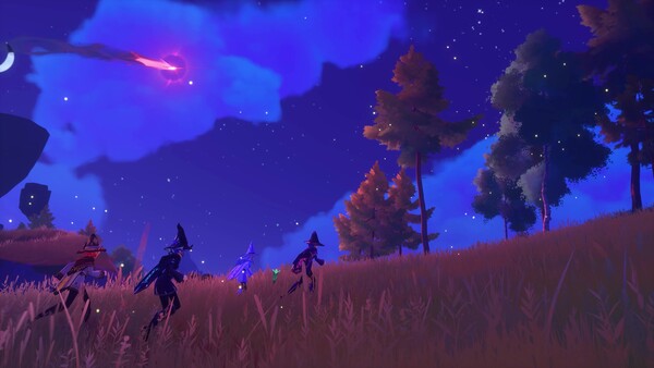 Witchspire night exploration under a magical sky