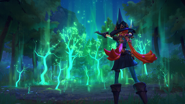 Witchspire witch casting green magic in a forest arena