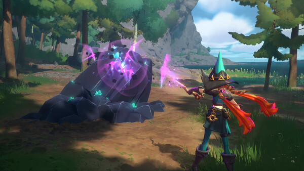 Witchspire combat against crystal enemies on a forest path